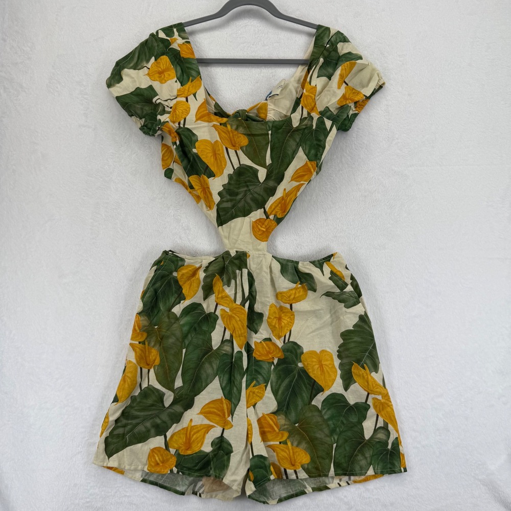 FARM Anthropologie Floral Print Cut Out Romper Size M Green Yellow Calla Lily